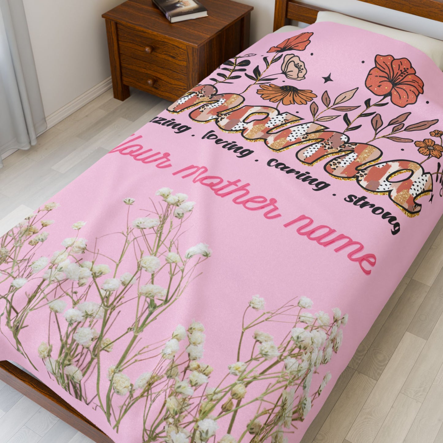 Personalized Mothers Day Velveteen Plush Blanket, Cozy Gift for Mom, Warm Throw for Celebrations, Floral Design, Custom Names, Lovely