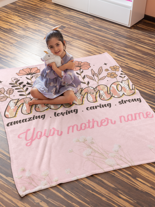 Personalized Mothers Day Velveteen Plush Blanket, Cozy Gift for Mom, Warm Throw for Celebrations, Floral Design, Custom Names, Lovely